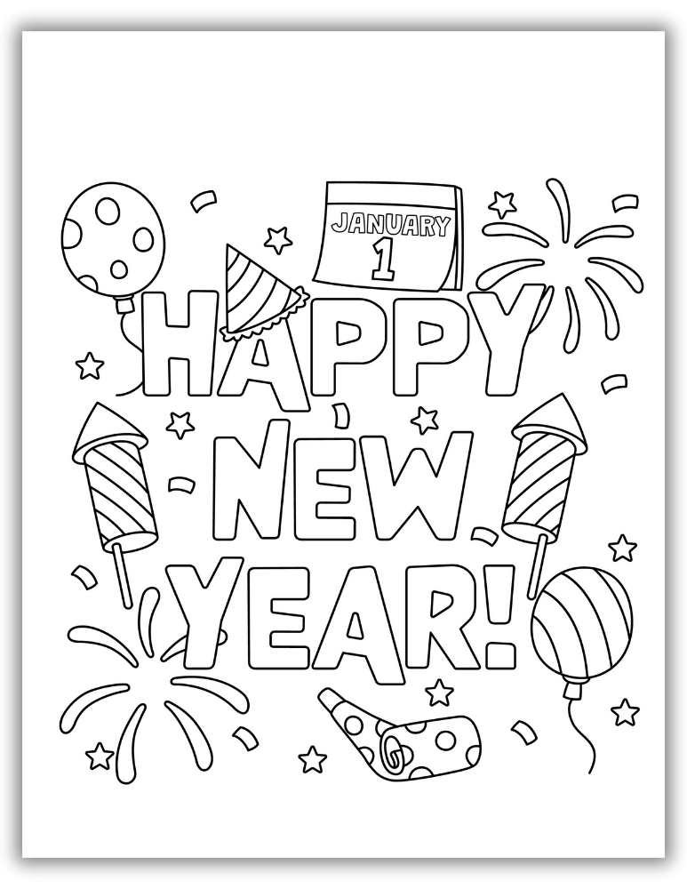 Festive Happy New Year scene with balloons, party hats, noisemakers, and fireworks – free printable PDF coloring page for holiday fun.