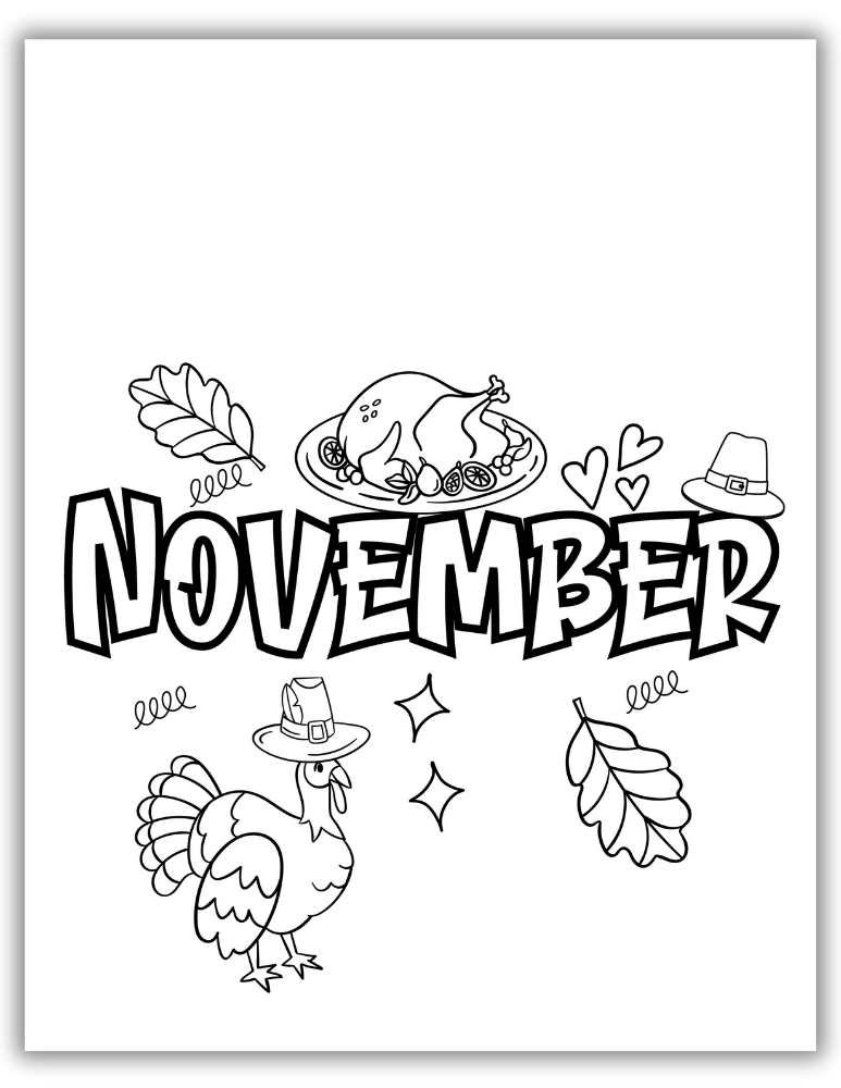 Cute cartoon turkey wearing a Pilgrim hat and standing among autumn leaves – free printable PDF coloring page for Thanksgiving fun.