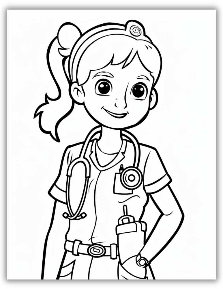 Smiling girl nurse in full uniform with cap – free printable PDF coloring page for nurse appreciation and career exploration.