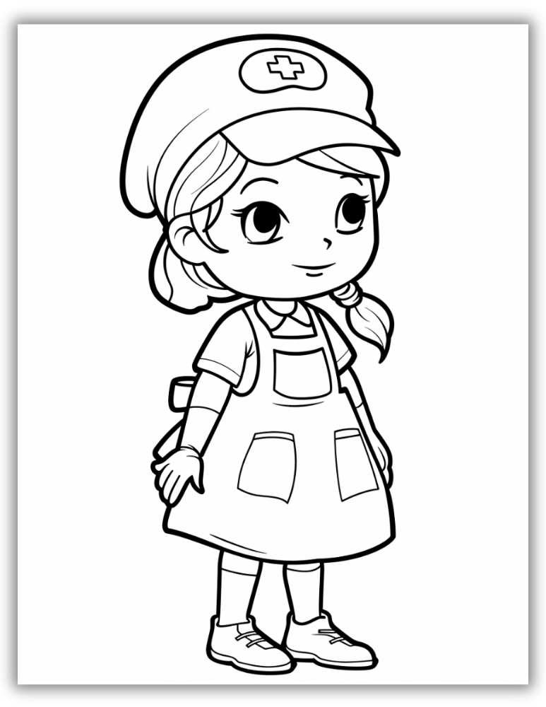Adorable cartoon-style nurse with big eyes and cheerful smile – free printable PDF coloring page for young kids.