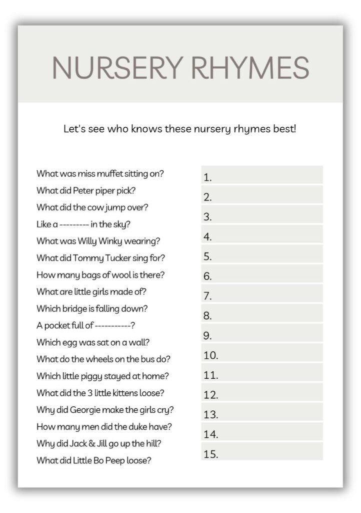 Neutral baby shower nursery rhymes trivia game featuring questions about Miss Muffet, Jack and Jill, Humpty Dumpty, and other classic rhymes.