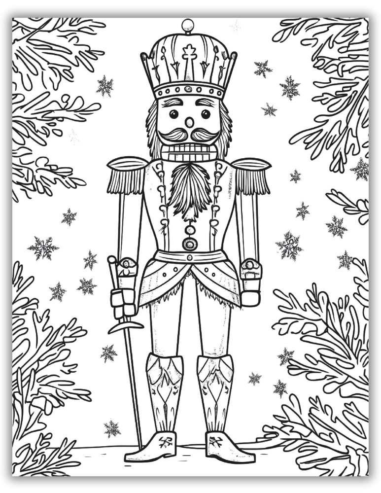 King nutcracker with ornate patterns, crown, and festive snowflakes – free printable PDF coloring page for adults and advanced colorers.