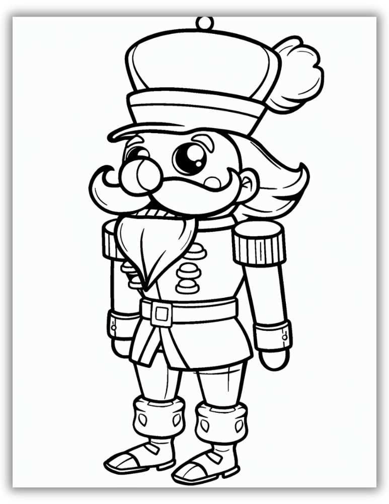 Classic nutcracker soldier in uniform with feathered hat and mustache – free printable PDF coloring page with traditional holiday details.