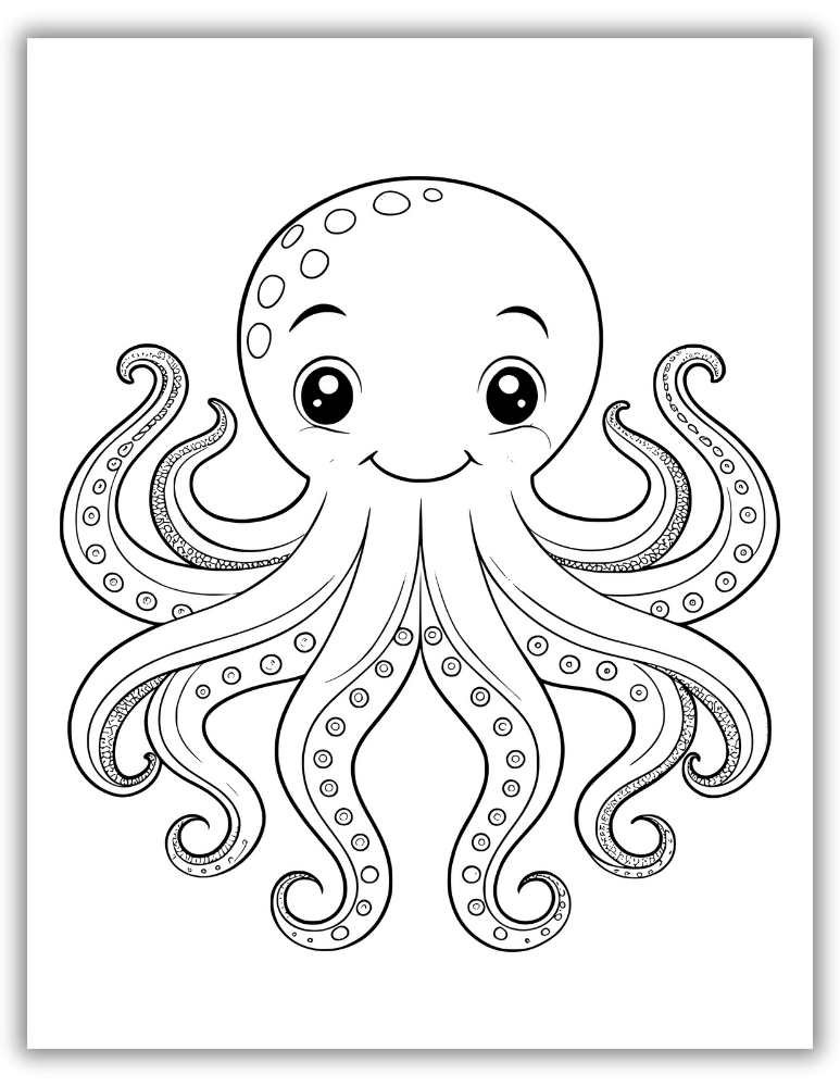 Octopus in an open underwater space, ideal for creative additions like fish or seashells – free printable PDF coloring page encouraging imagination.