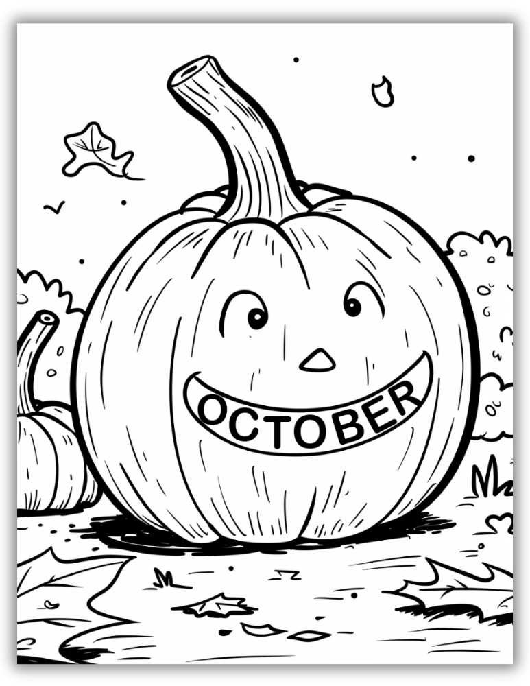Happy pumpkin with the word ‘October’ and cheerful design elements – free printable PDF coloring page for young kids.
