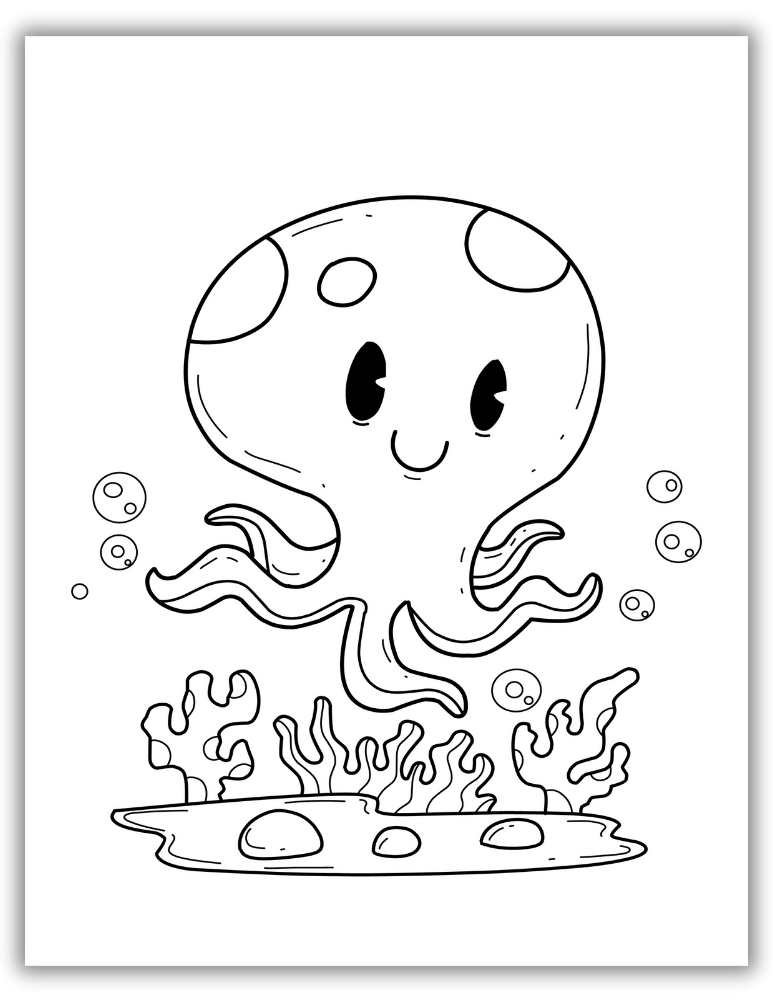 Cheerful cartoon octopus smiling above a coral reef – free printable PDF coloring page for toddlers and young kids.