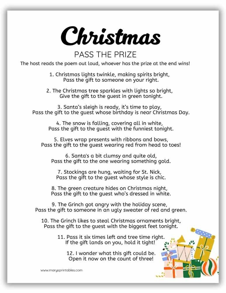 Pass the Prize Christmas game printable – gift exchange and party fun activity.