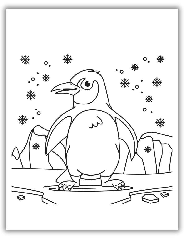 Penguin winter scene coloring page