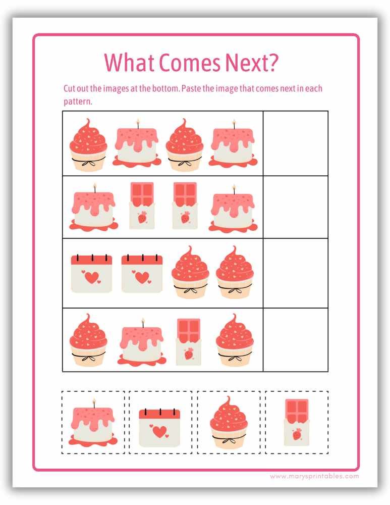 Preschool Valentine pattern activity printable with repeating images