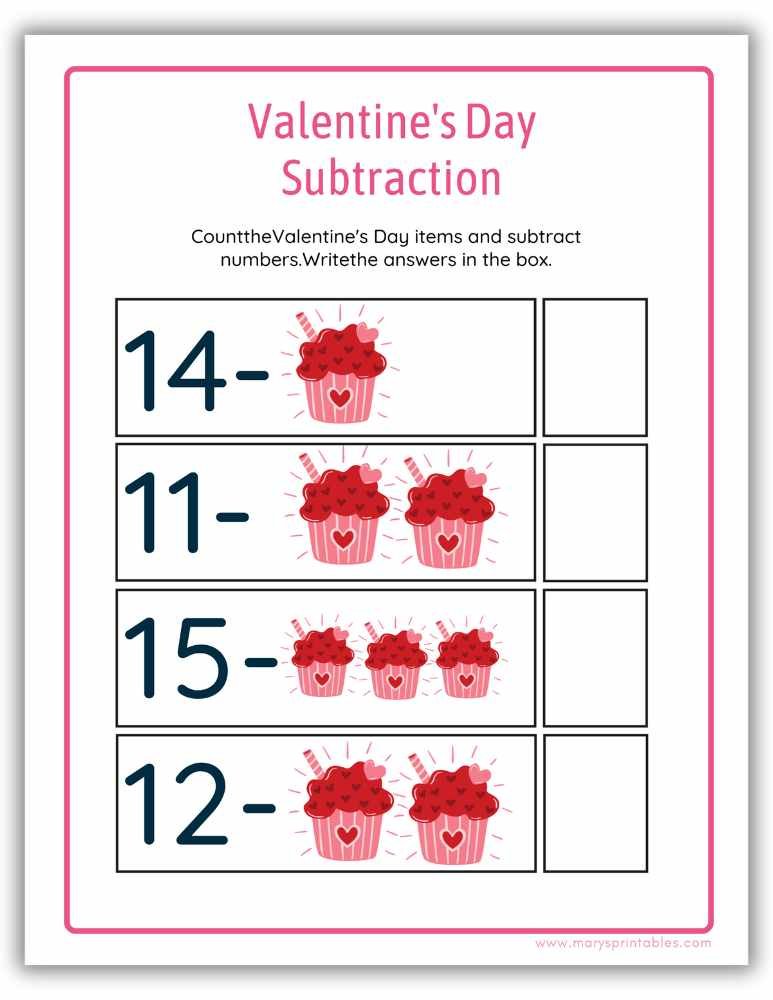 Preschool Valentine subtraction worksheet with simple math problems