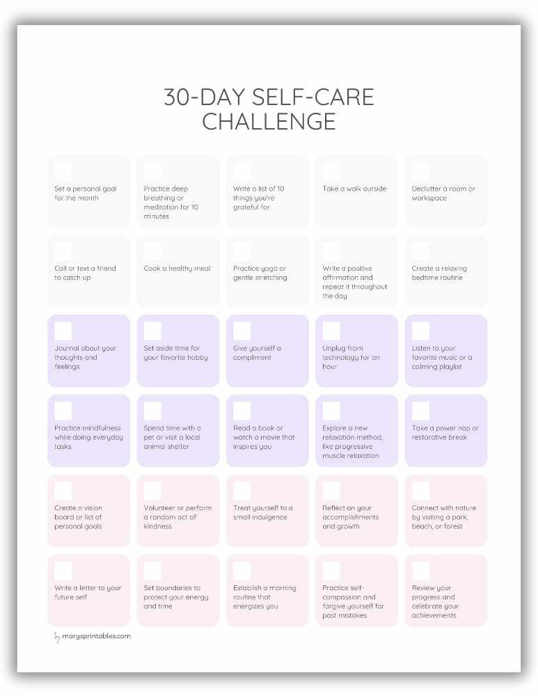 Printable 30-day self-care challenge page for daily wellness habits