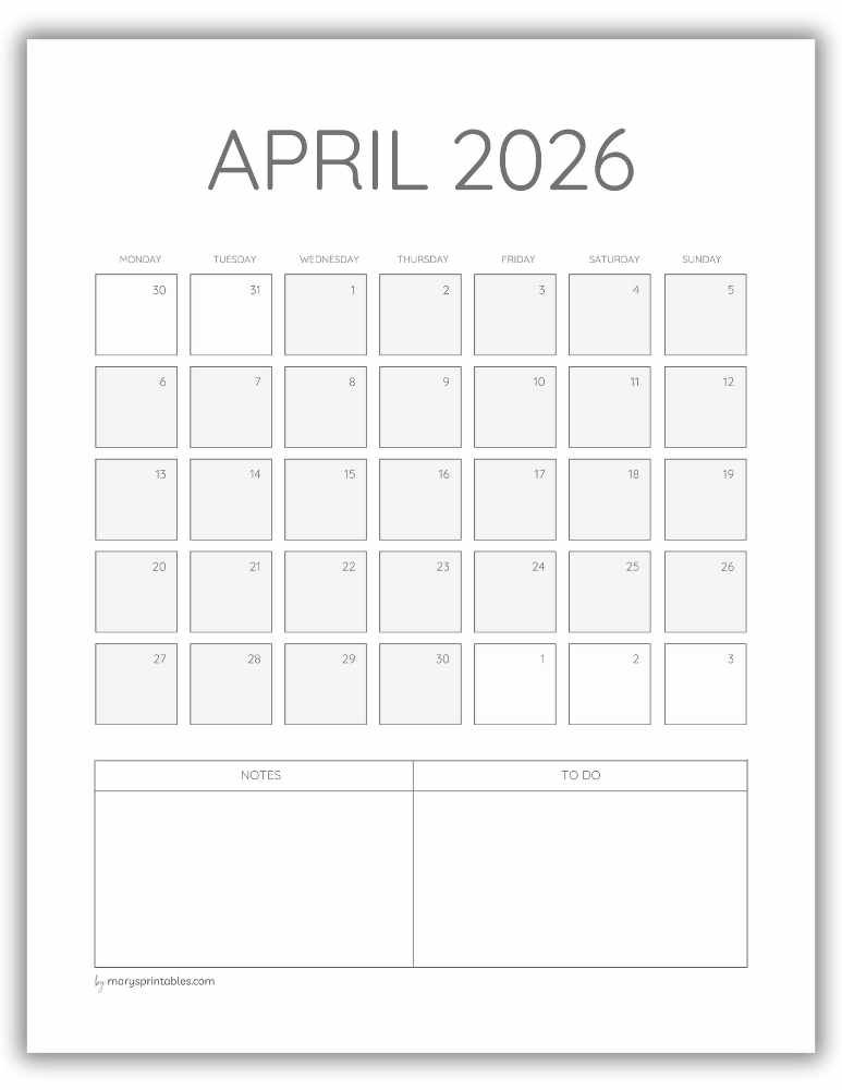 Printable ADHD April 2026 monthly calendar with notes space