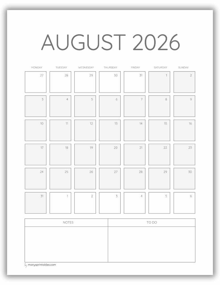 Printable ADHD August 2026 monthly calendar for everyday planning