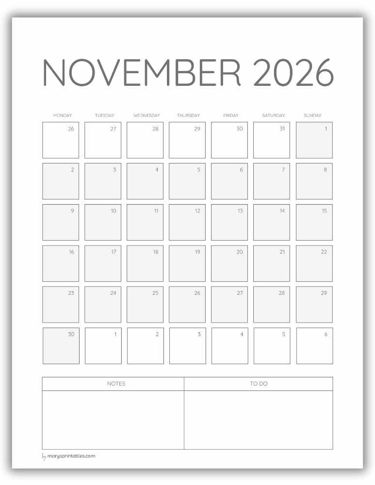 Printable ADHD November 2026 calendar page for monthly organization