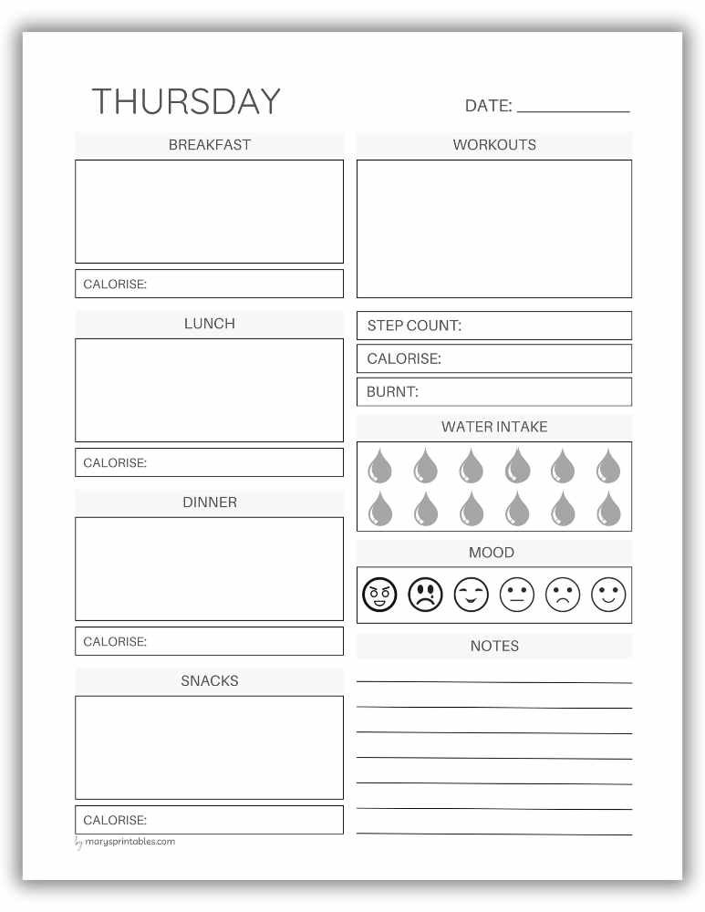 Printable Thursday planner section for weekly scheduling and reminders