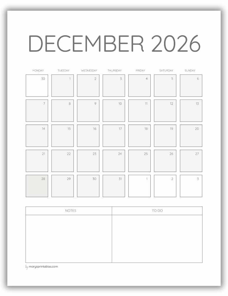 Printable ADHD December 2026 calendar for end-of-year planning