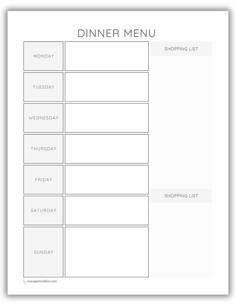 Printable dinner menu planner page for weekly meals