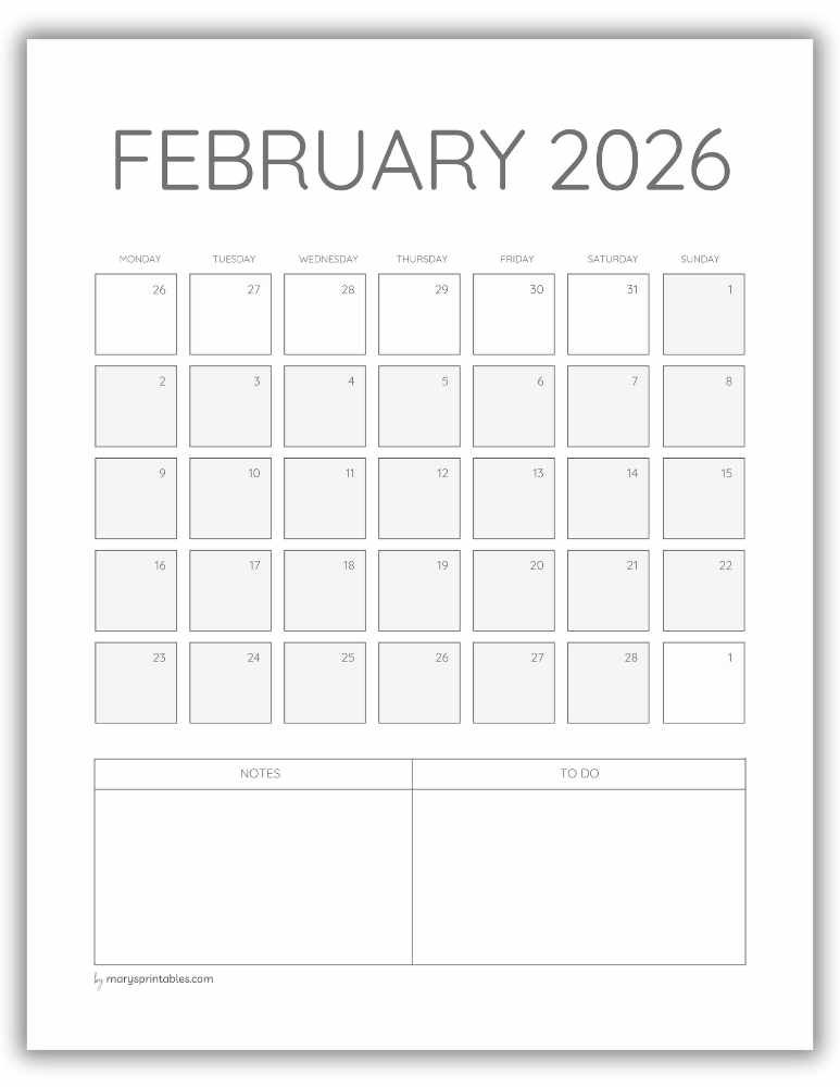 Printable ADHD February 2026 monthly calendar for flexible monthly planning