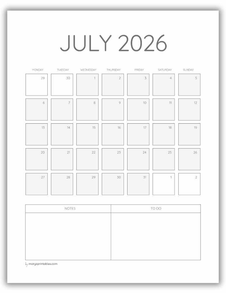 Printable ADHD July 2026 calendar page with clean, uncluttered layout