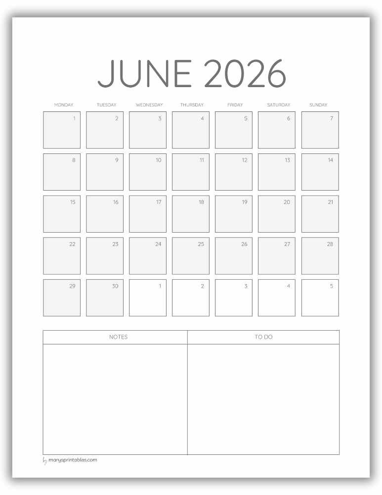 Printable ADHD June 2026 monthly calendar for simple month planning