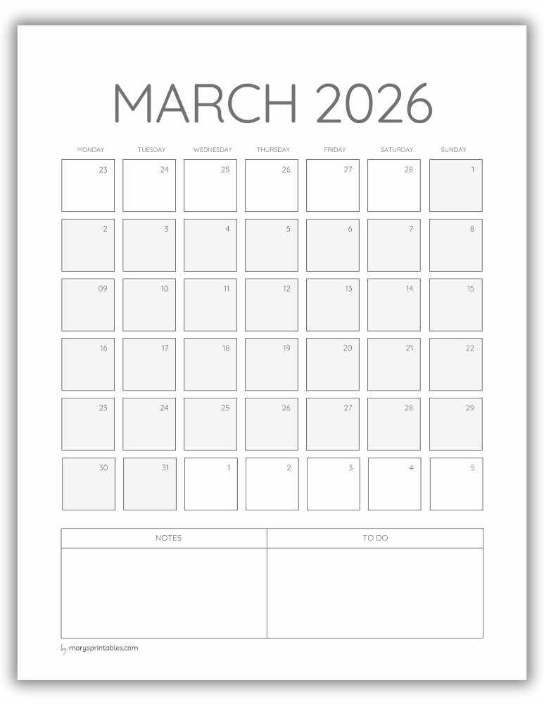 Printable ADHD March 2026 calendar page for organizing monthly plans