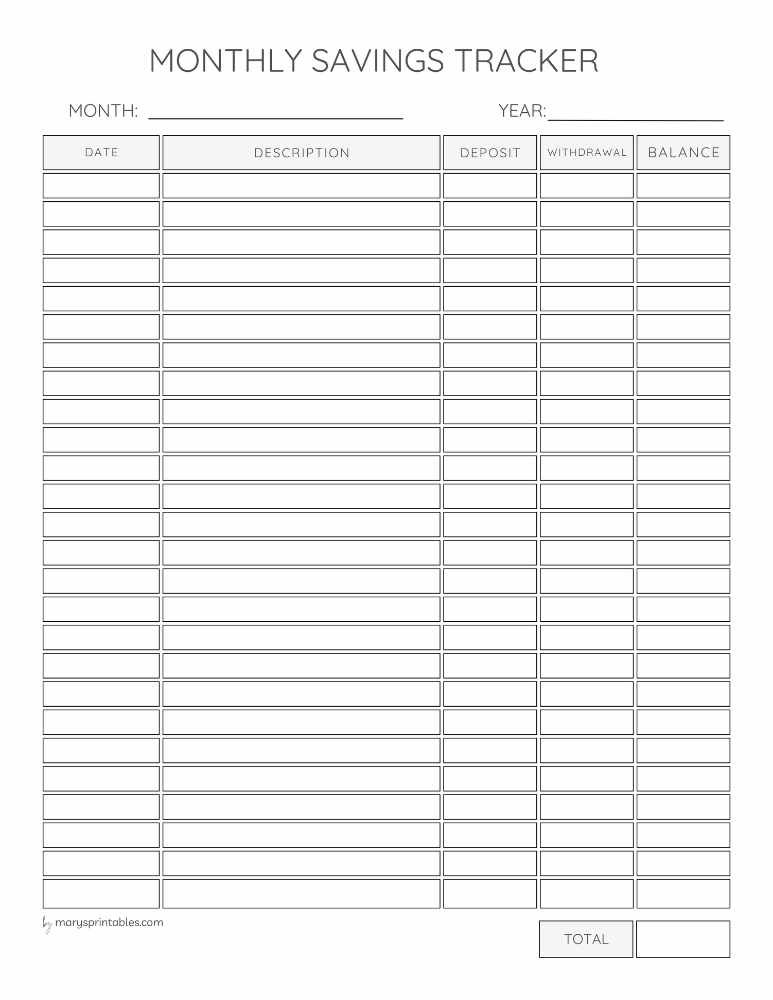 Printable monthly savings tracker for financial goals and budgeting