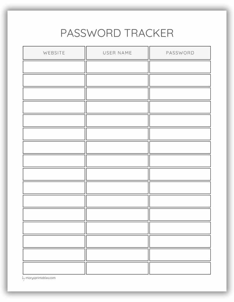 Printable password tracker page included in free ADHD planner