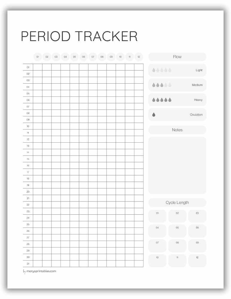 Printable period tracker page for cycle and symptom tracking
