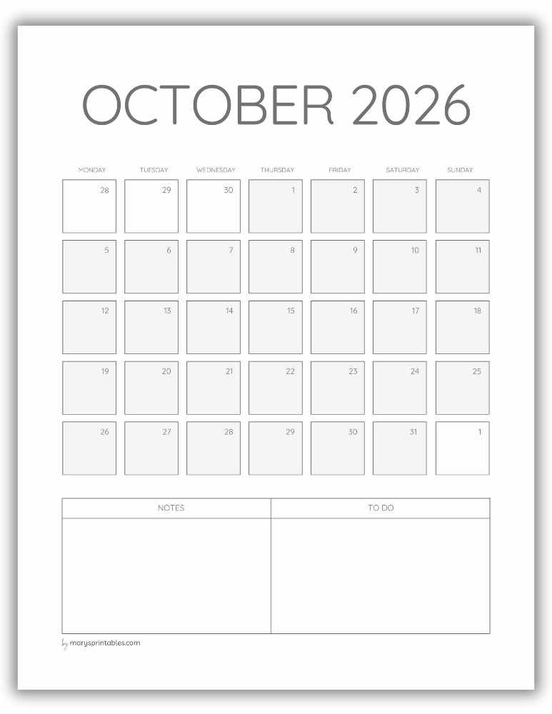 Printable ADHD October 2026 monthly calendar with room for notes
