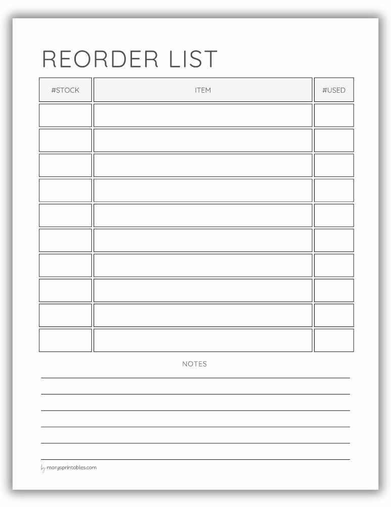 Printable reorder list page for household essentials