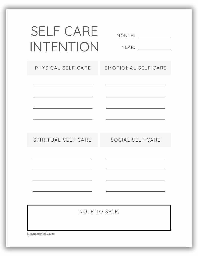 Printable self-care intention page for daily focus
