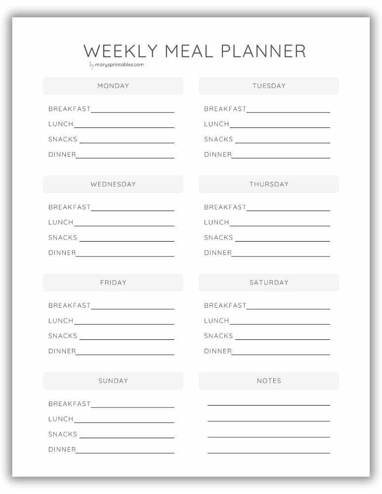 Printable weekly meal planner layout for ADHD-friendly planning Version 2