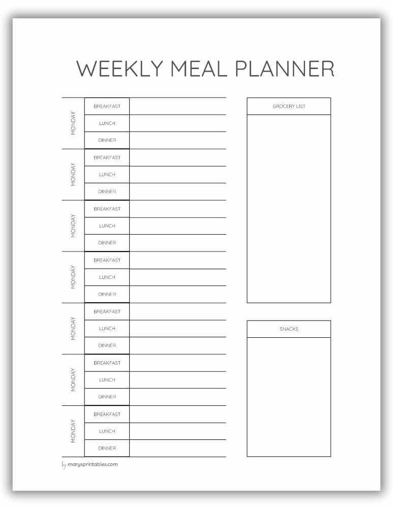 Printable weekly meal planner layout for ADHD-friendly planning