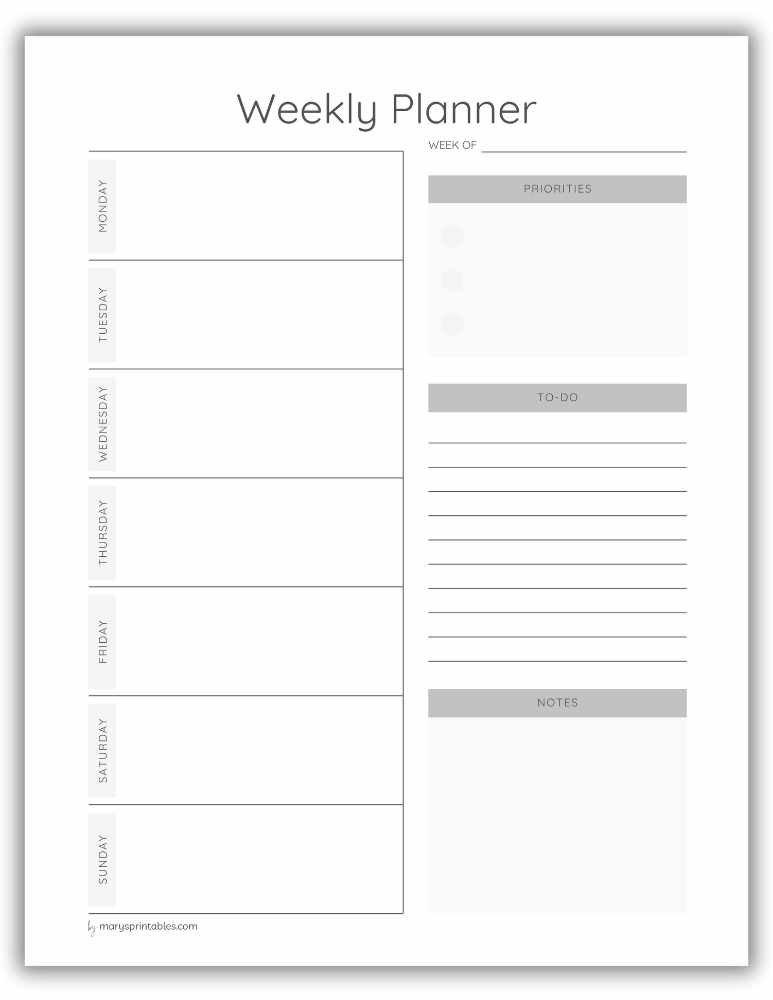 Printable ADHD weekly planner layout with simple, flexible structure