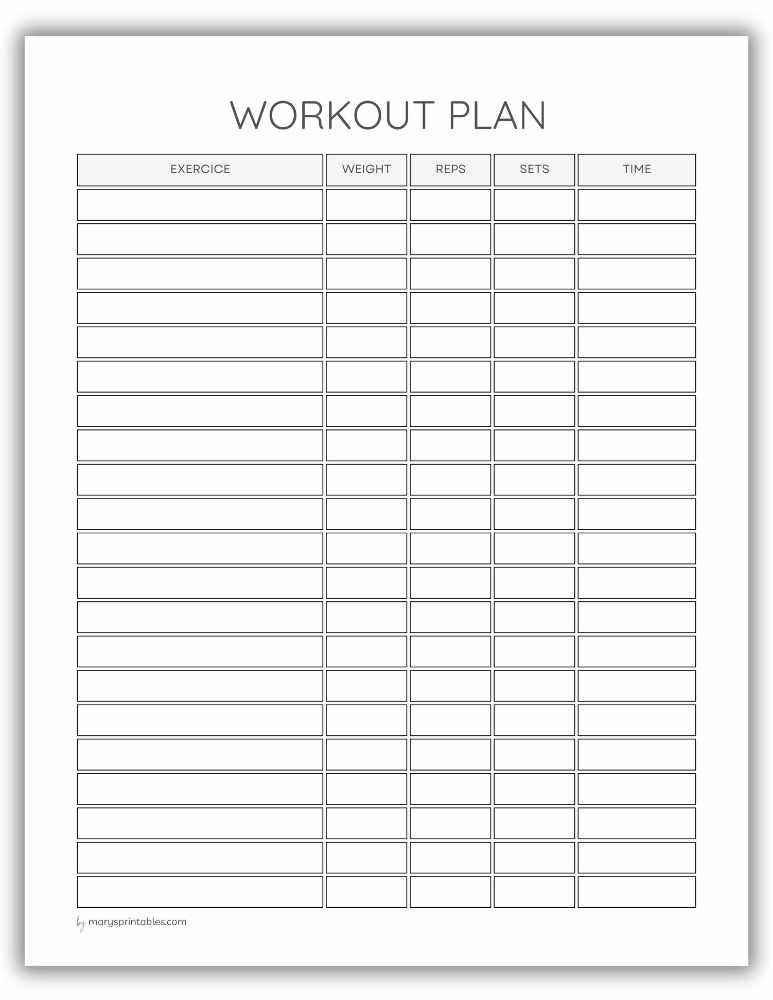 Printable workout plan page for fitness routines