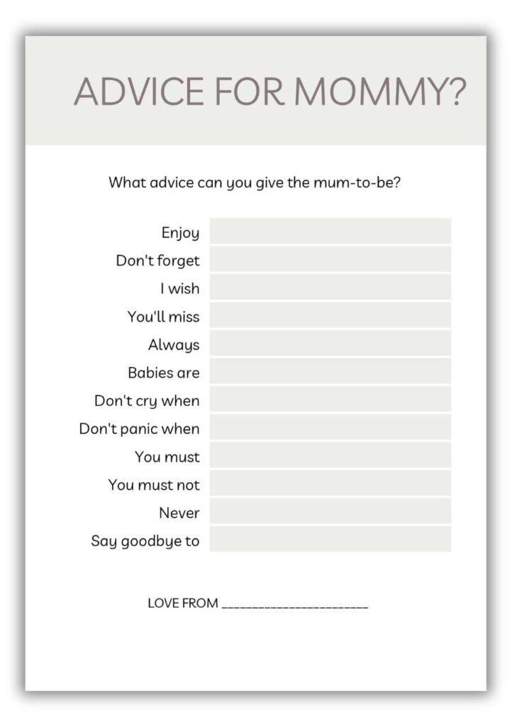 Neutral baby shower Advice for Mommy card with sentence starters and space for guests to write heartfelt messages.