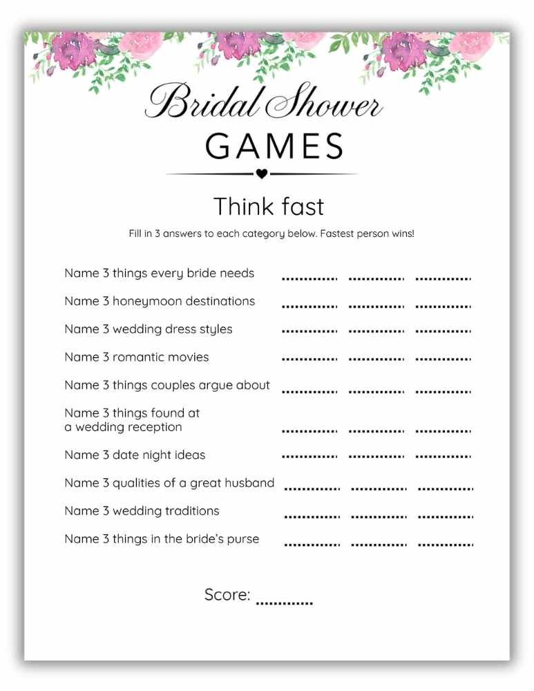 Printable think fast bridal shower game with pink and purple floral design where guests list quick wedding answers.