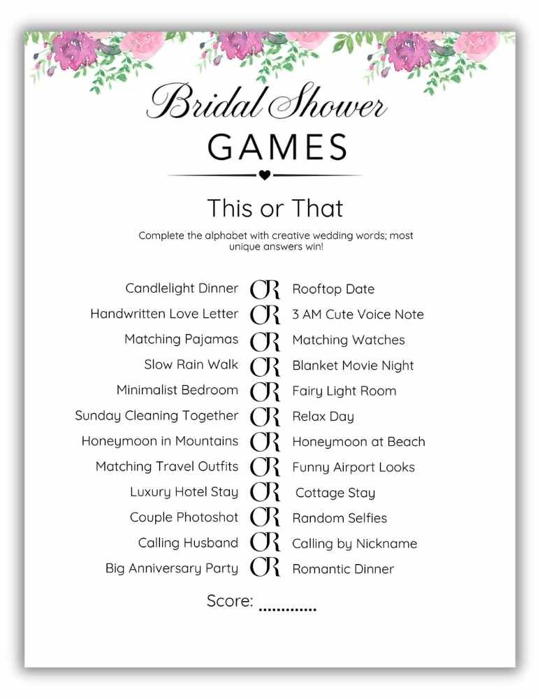 Printable bridal shower game This or That with pink and purple floral design where guests choose between fun wedding options.