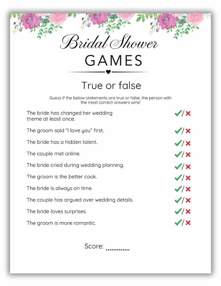 Printable bridal shower true or false game with pink and purple floral design about the bride and couple.