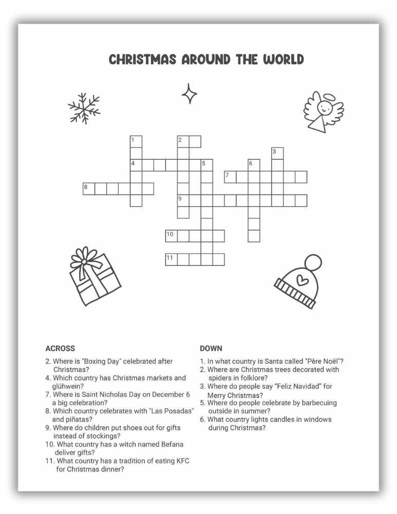 Christmas around the world crossword worksheet focusing on global holiday customs and international traditions.