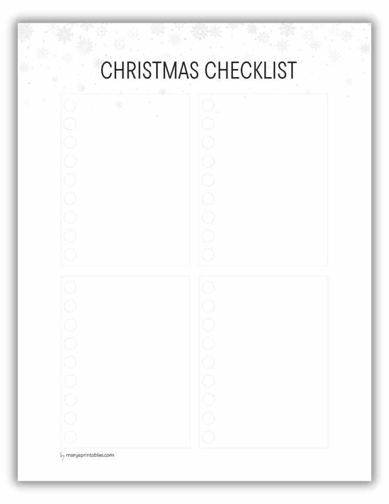 Snow-themed Christmas checklist printable in soft winter tones for calm, clutter-free organization.