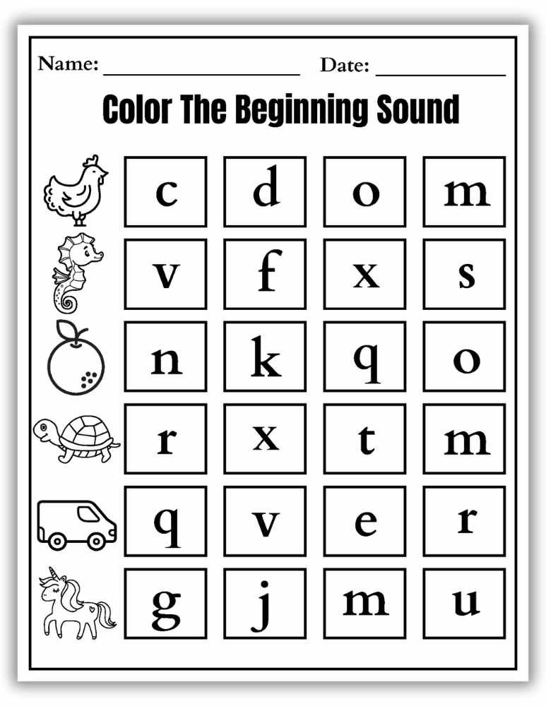 Beginning sounds coloring worksheet with mixed word patterns for practice