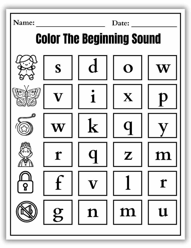 Color the beginning sound worksheet combining pictures and simple words
