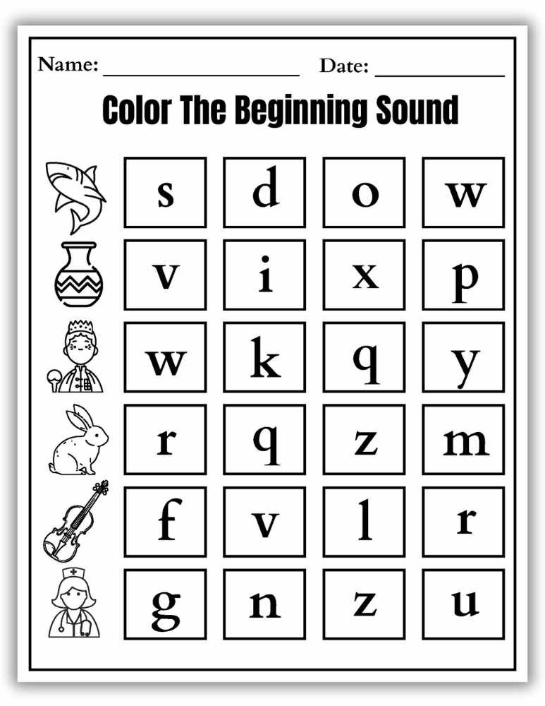 General alphabet worksheet reviewing beginning sounds using mixed words