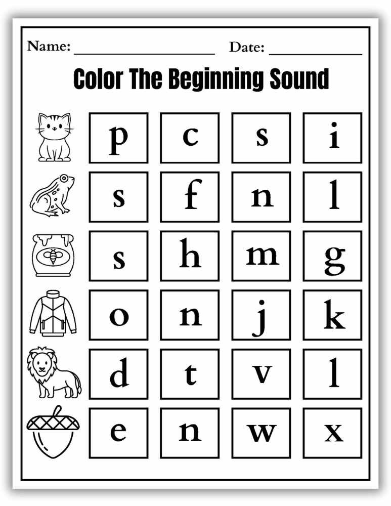 Beginning sound coloring worksheet with pictures to support sound recognition