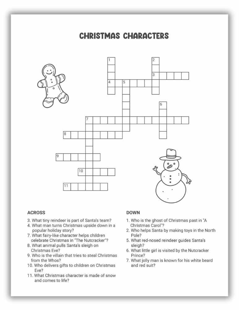 Black-and-white Christmas characters crossword puzzle featuring clues about popular holiday figures.