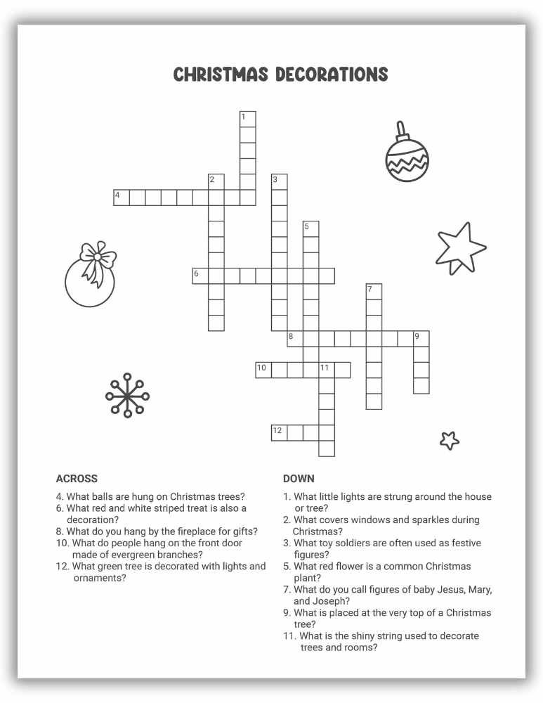 Printable Christmas decorations crossword puzzle focused on ornaments, lights, wreaths, and festive décor terms.