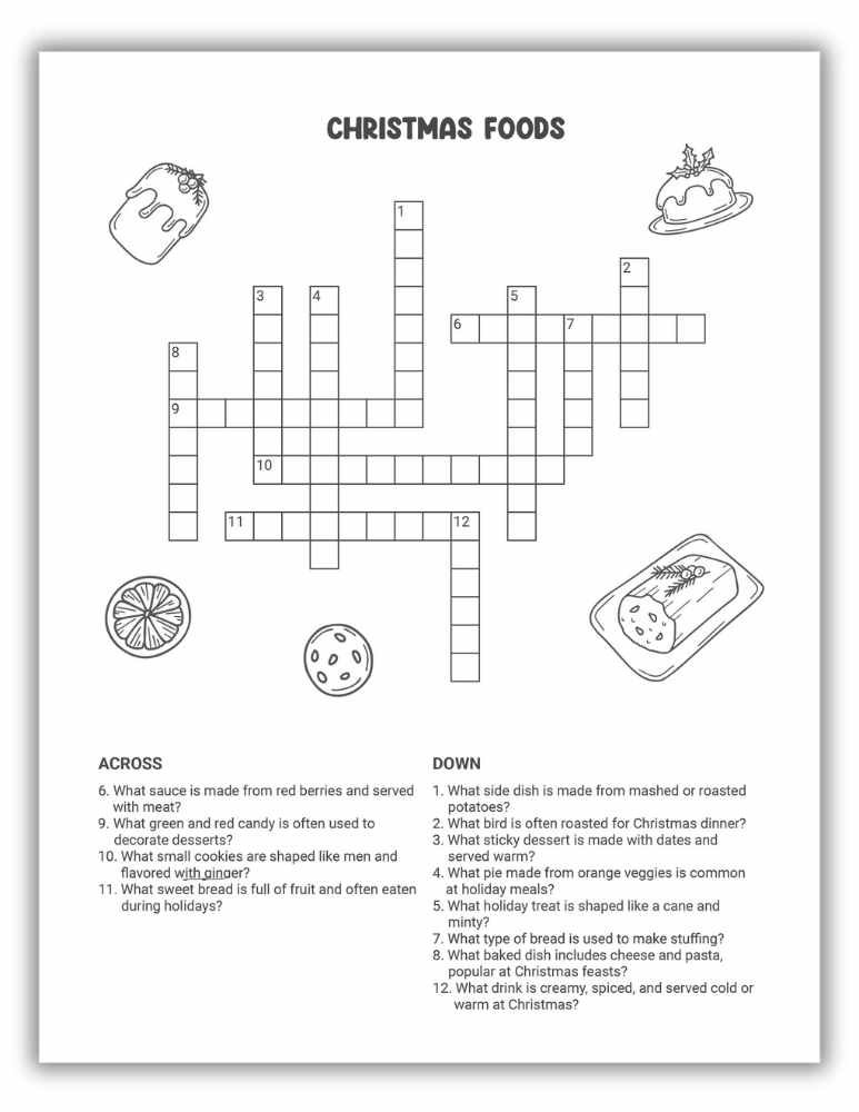 Christmas foods crossword worksheet with clues about classic holiday treats and seasonal dishes.