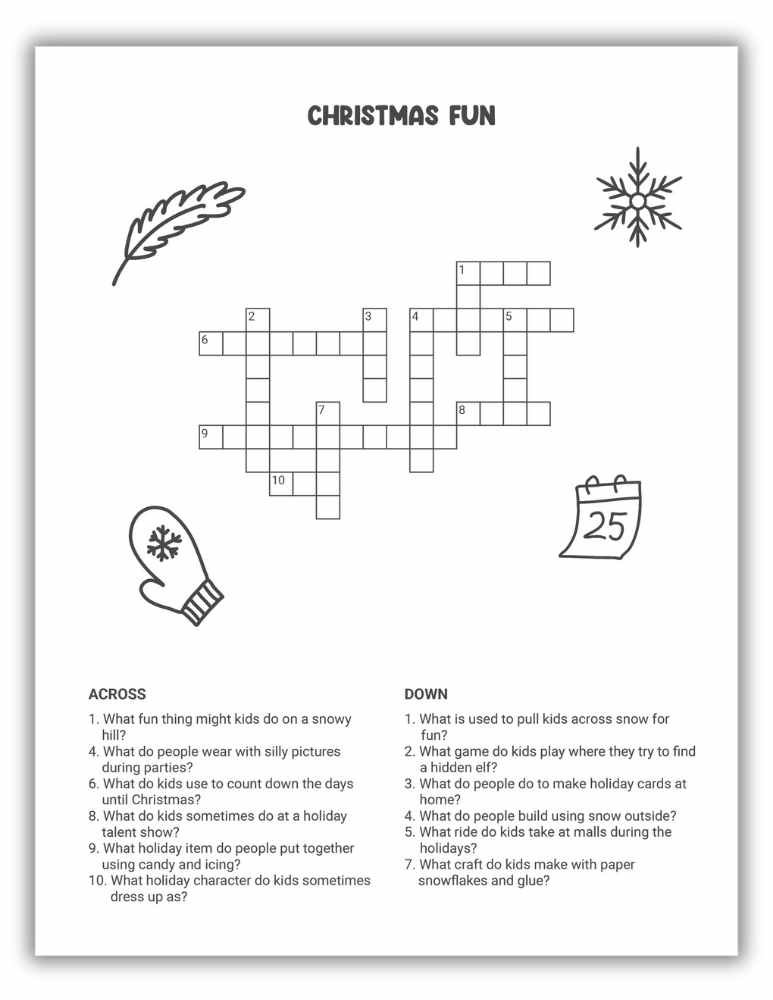Black-and-white Christmas fun crossword worksheet featuring playful holiday vocabulary for kids.