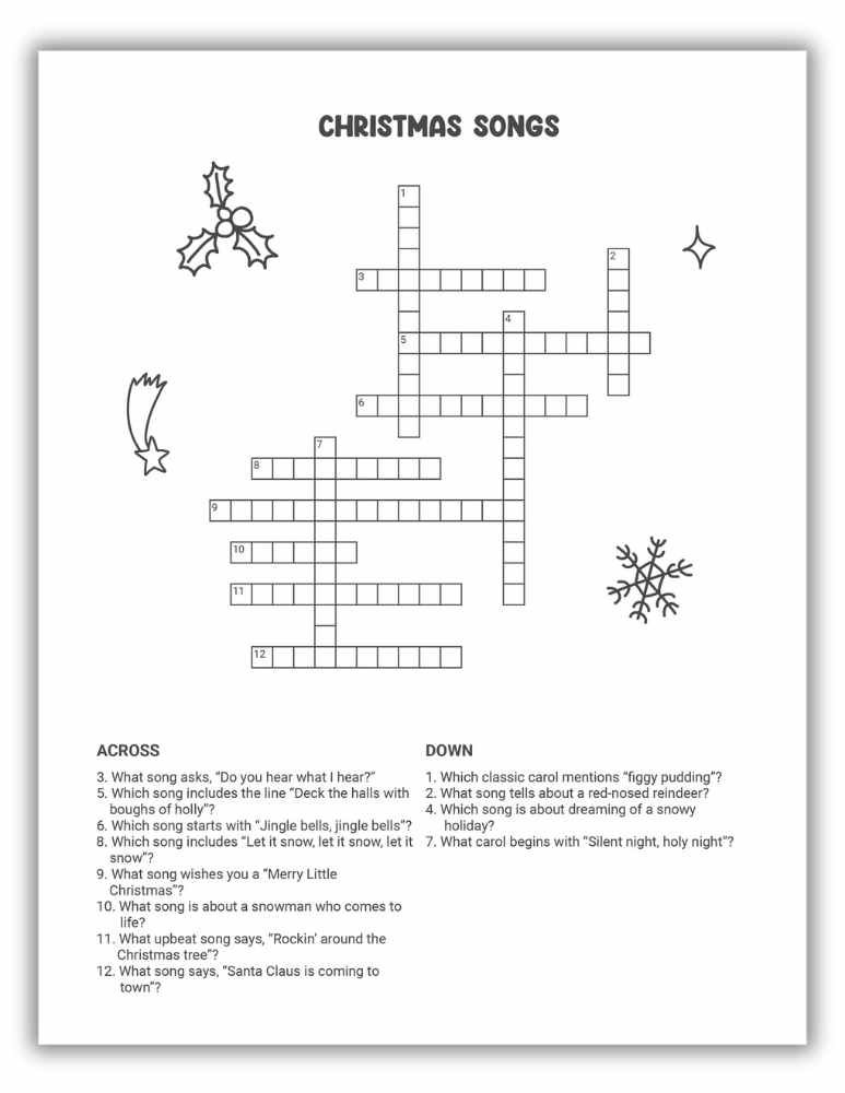 Christmas songs crossword printable featuring clues inspired by well-known holiday carols and lyrics.
